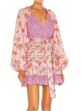 For Love Bell Patchwork Floral Pink Tiered Mini Dress Waist Sash Bridgeton L